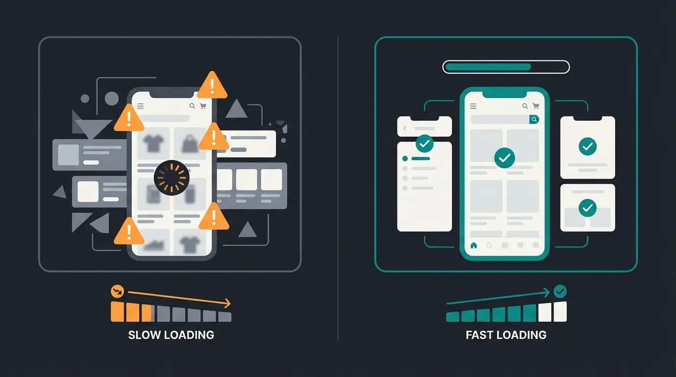 Comparison of a poorly chosen Shopify theme with slow performance versus an optimized theme with fast loading times