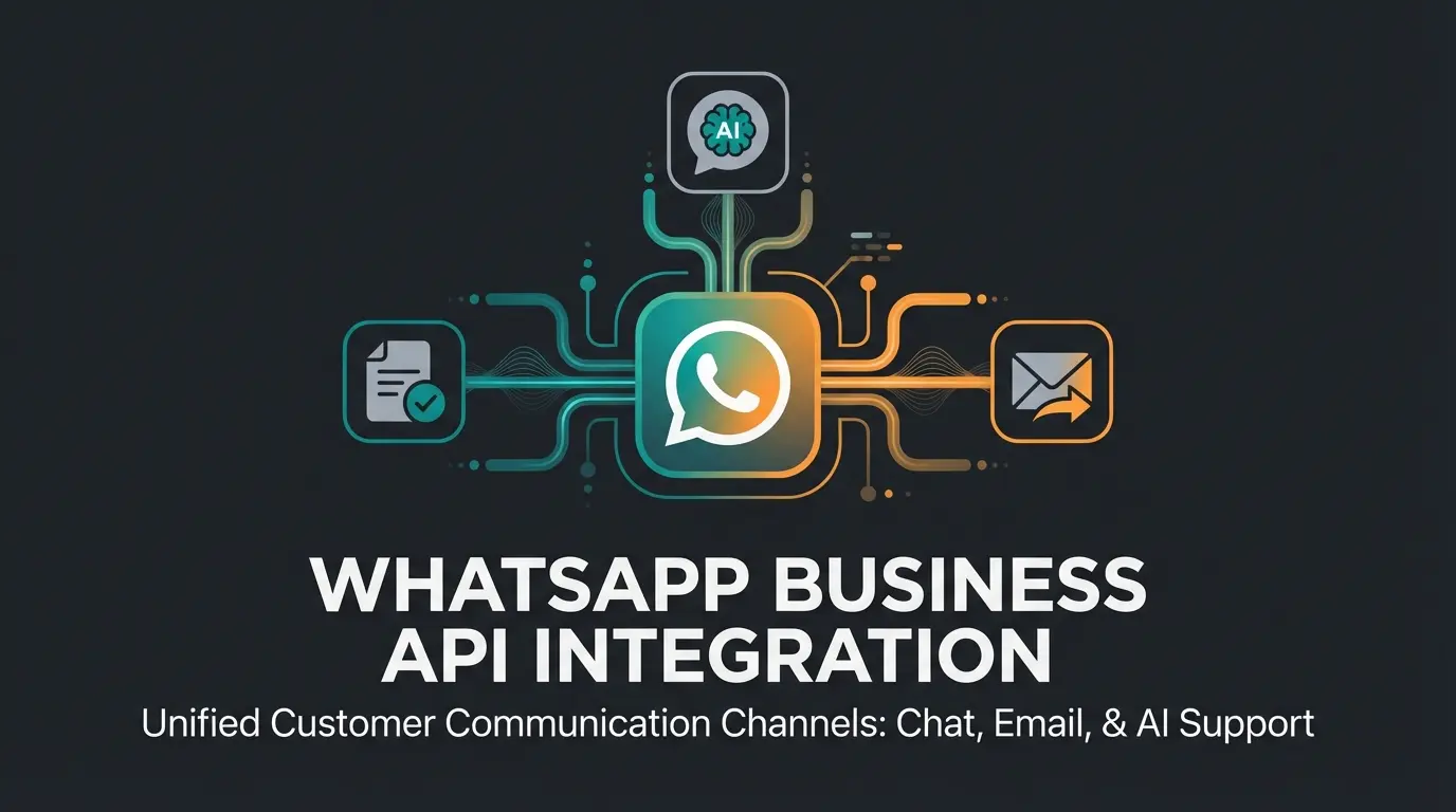 WhatsApp support illustration showing customer service channels and AI-powered business messaging solutions