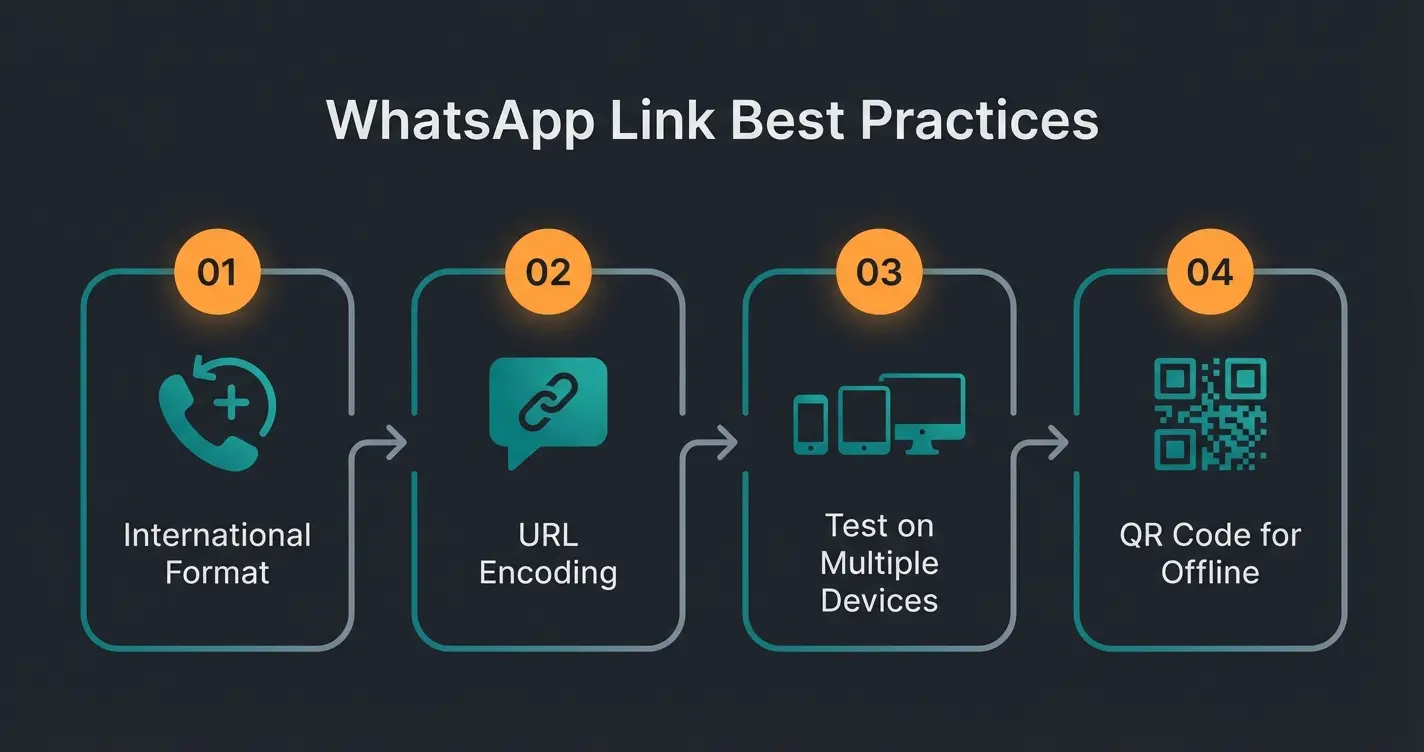 WhatsApp link best practices flowchart showing formatting, testing, and deployment steps