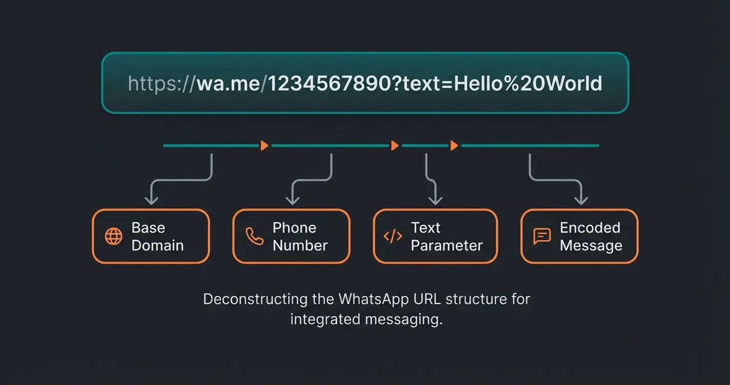 Diagram showing the anatomy of a WhatsApp URL link with labeled components