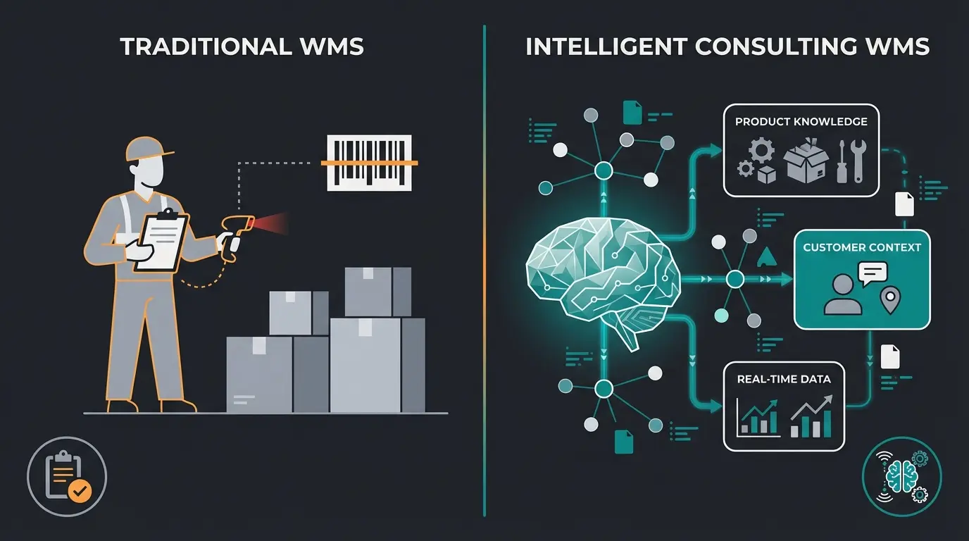 Vergleich zwischen traditionellem WMS als Lagerist und intelligentem WMS als Berater