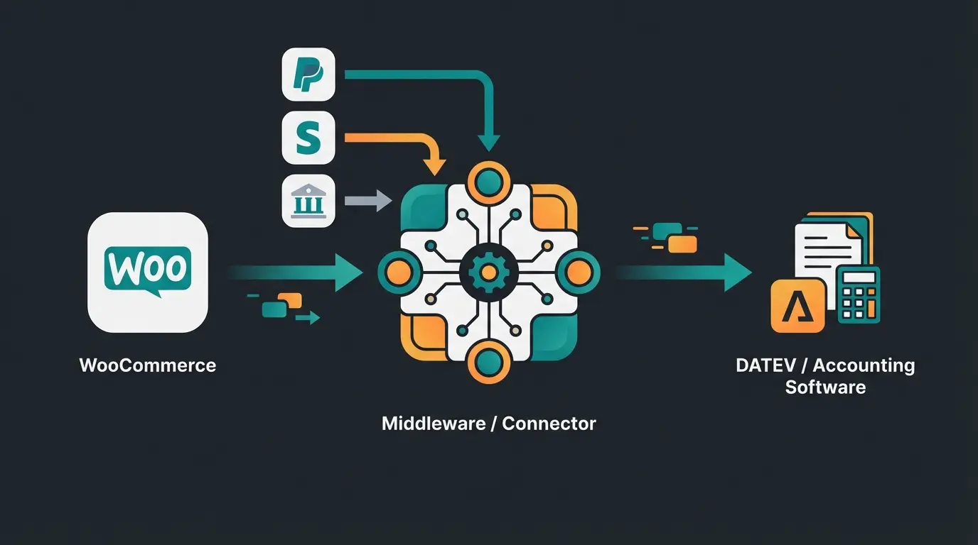 WooCommerce accounting automation workflow connecting payment providers to DATEV