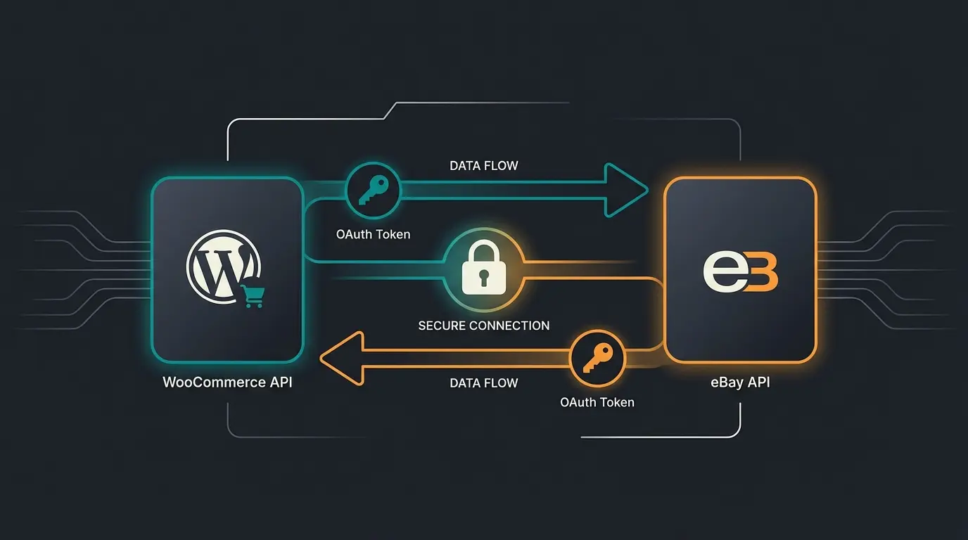 WooCommerce eBay API connection flow diagram showing OAuth authentication