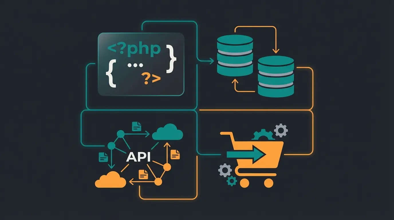 WooCommerce developer skills including PHP, JavaScript, database management, and API integrations visualized as connected components