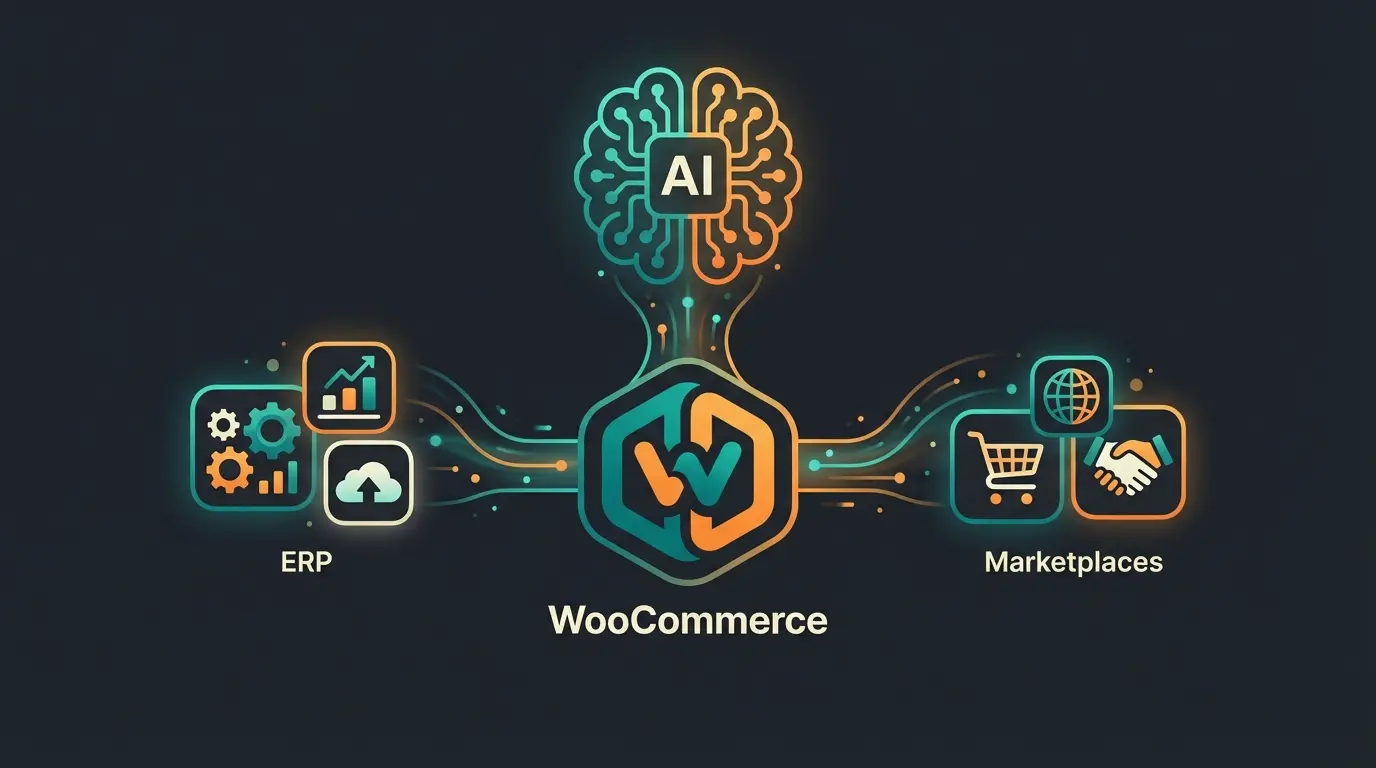 API ecosystem diagram showing WooCommerce at center connected to backoffice, sales channels, and AI intelligence