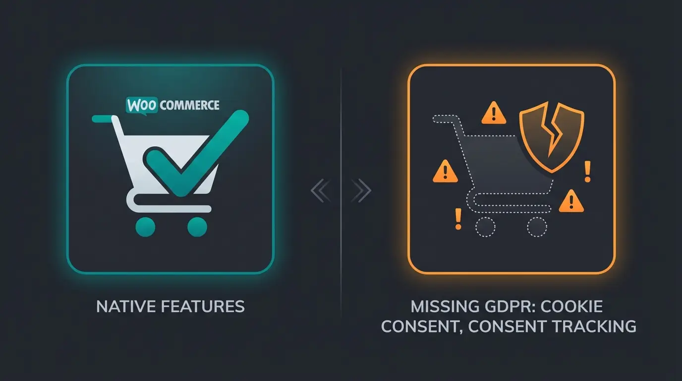 WooCommerce native GDPR compliance features versus missing capabilities like cookie consent management