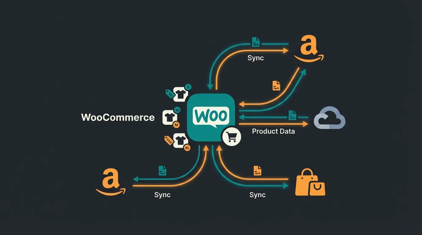 Multi-channel variation synchronization diagram showing WooCommerce connected to various sales channels