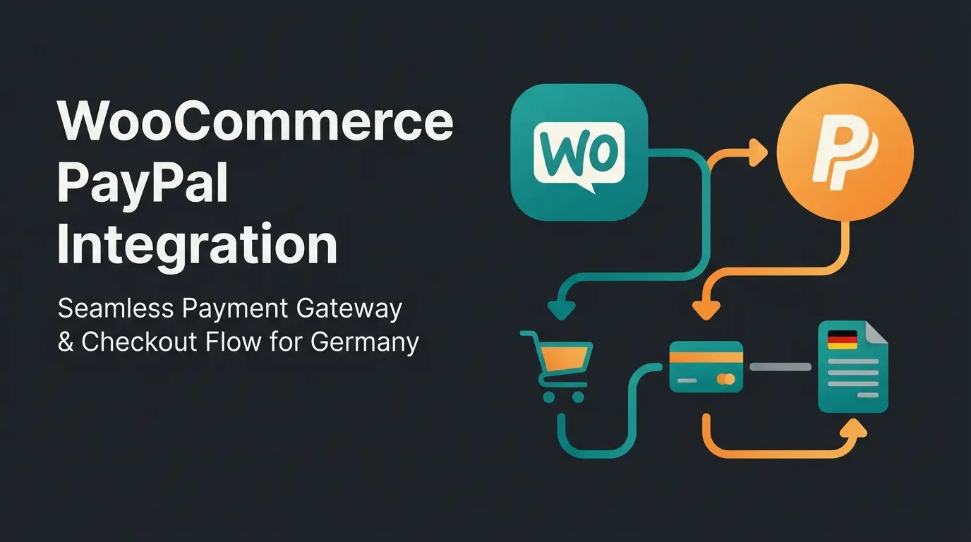 WooCommerce PayPal integration setup illustration with payment icons and shopping cart elements