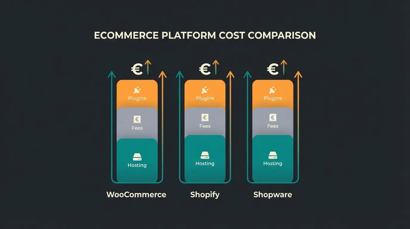 Preisvergleich WooCommerce vs Shopify vs Shopware als Balkendiagramm