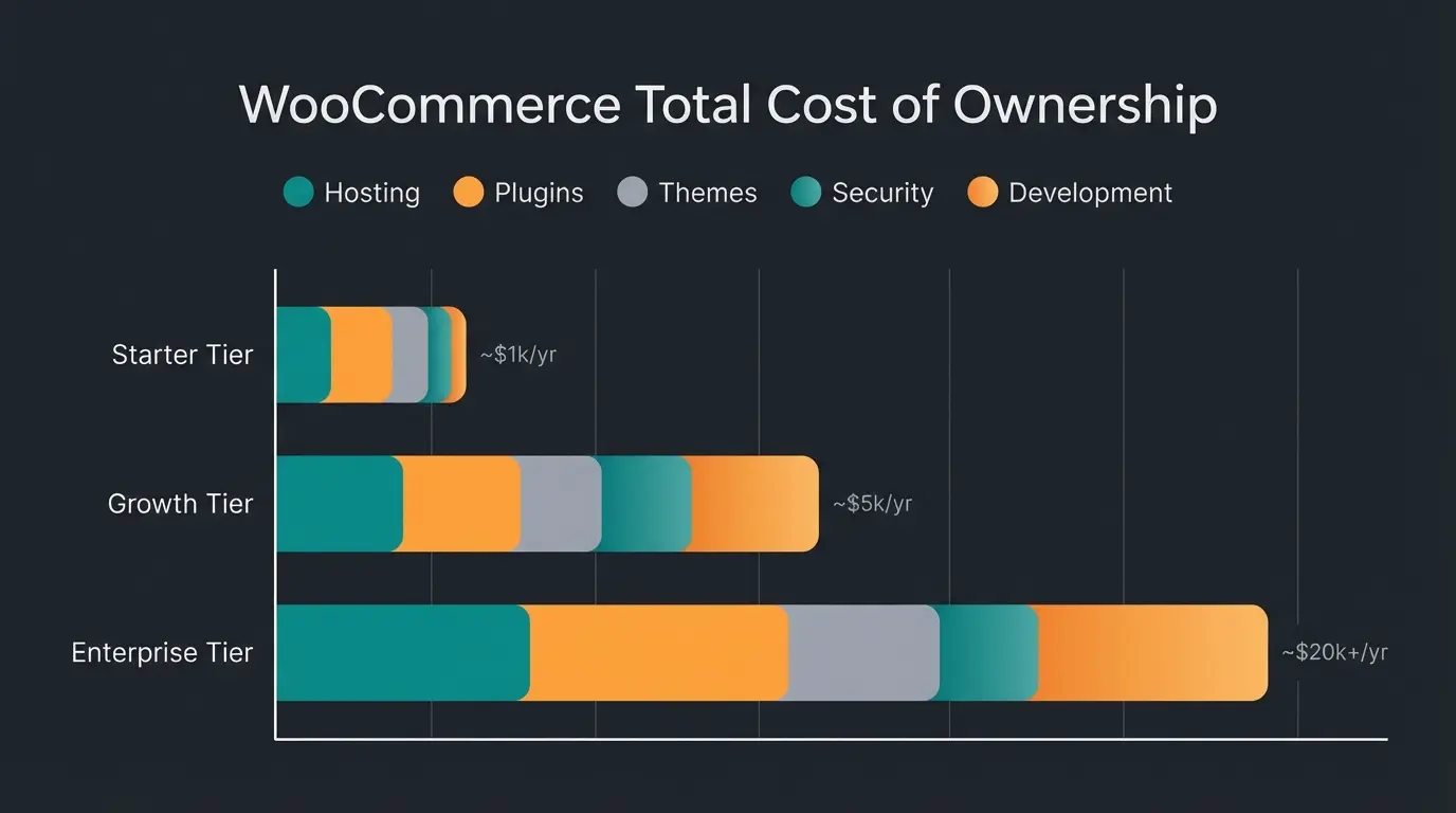WooCommerce total cost of ownership breakdown by store tier showing how costs shift from hosting-heavy at starter level to development-heavy at enterprise level