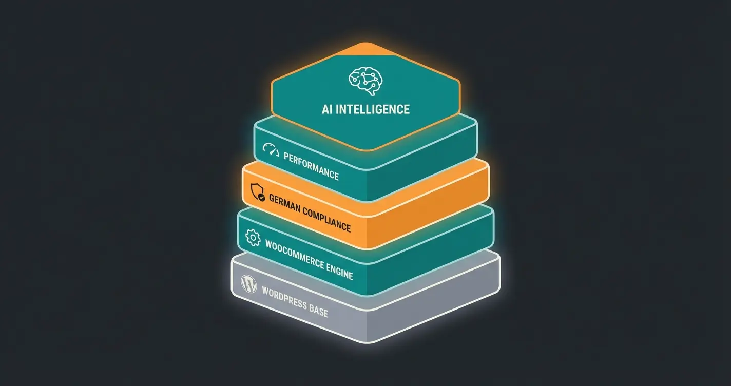German WooCommerce tech stack showing layers from hosting to AI intelligence