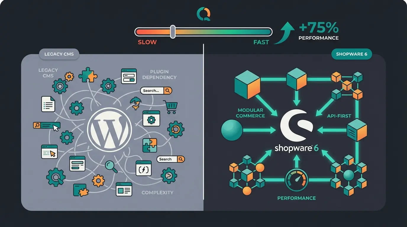 Infografik zum Vergleich WooCommerce vs Shopware 6 für wachsende Händler