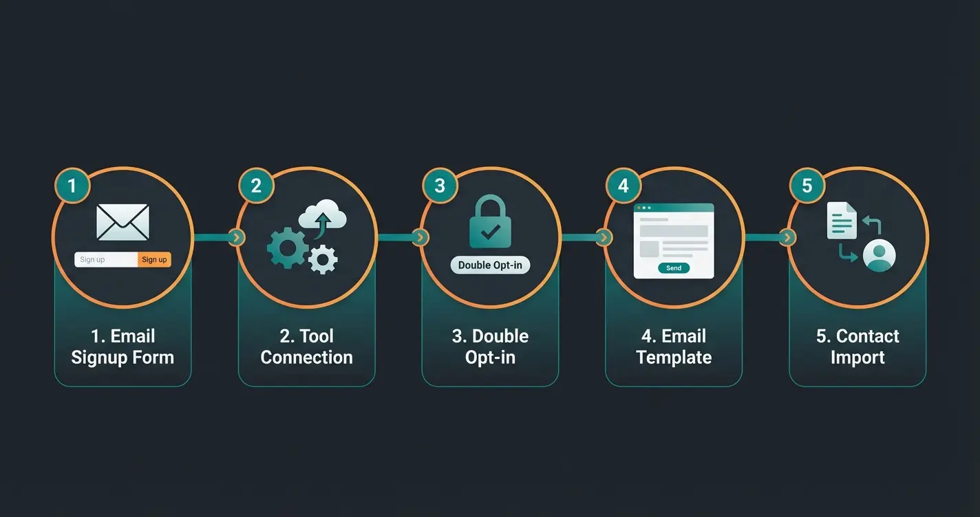 Fuenf Schritte zur Einrichtung eines Shopify Newsletters: Anmeldeformular, Tool-Verbindung, Double-Opt-In, E-Mail-Vorlage, Kontaktimport